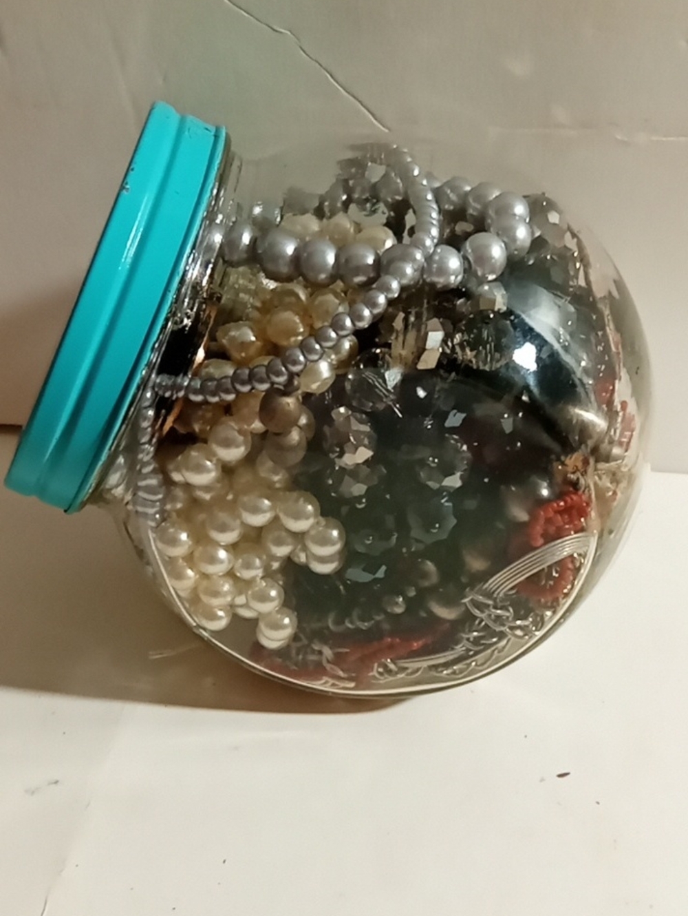Clear Jar of Assorted Costume Jewelry with Teal Lid